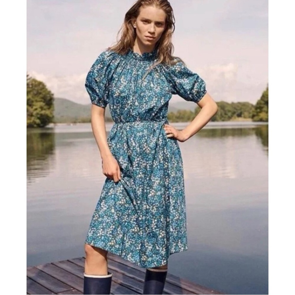 J. Crew Smocked Puff Sleeve Midi Dress XS Liberty Fabric Blue Floral Cottagecore - Picture 4 of 16